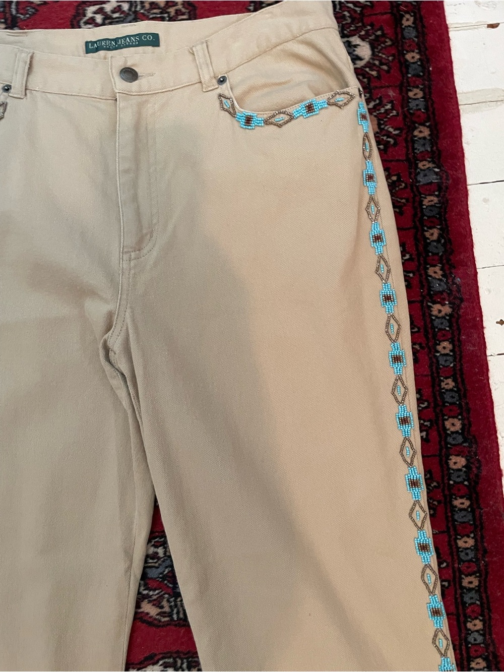 Ralph Lauren Jeans Co. Vintage Tan Jeans w Turquoise Beading Size 12 Made in HK - Picture 14 of 15